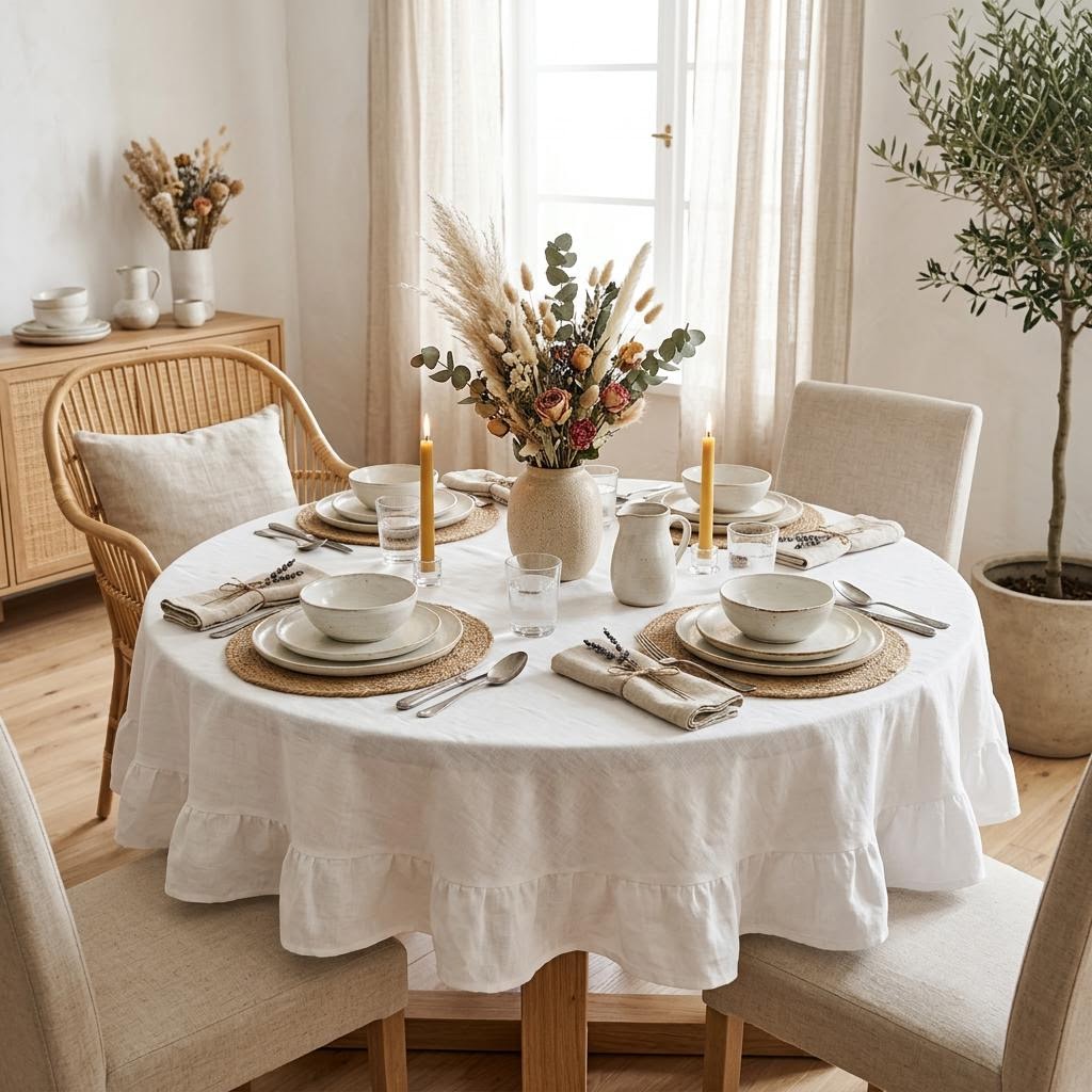 Aria Ruffled Edge Linen Tablecloth by Libanfibre